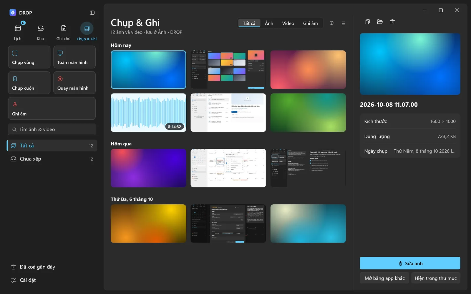 Chụp & Ghi: lưới ảnh chụp, video và ghi âm theo ngày