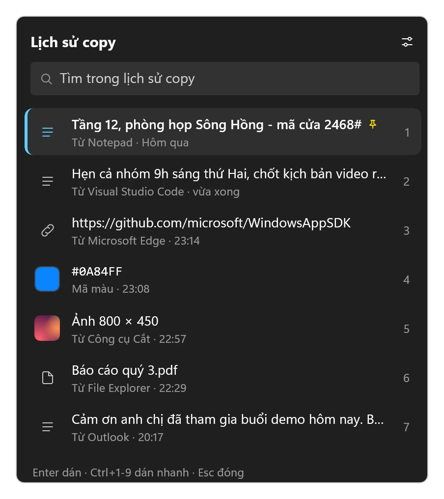 Bảng lịch sử copy