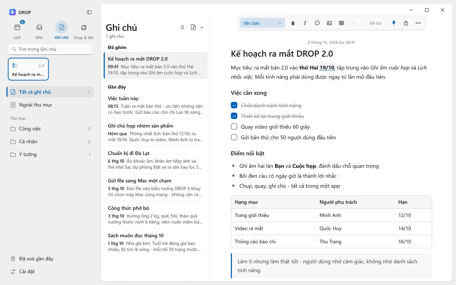 Cửa sổ DROP: danh sách ghi chú và một ghi chú có checklist, bảng