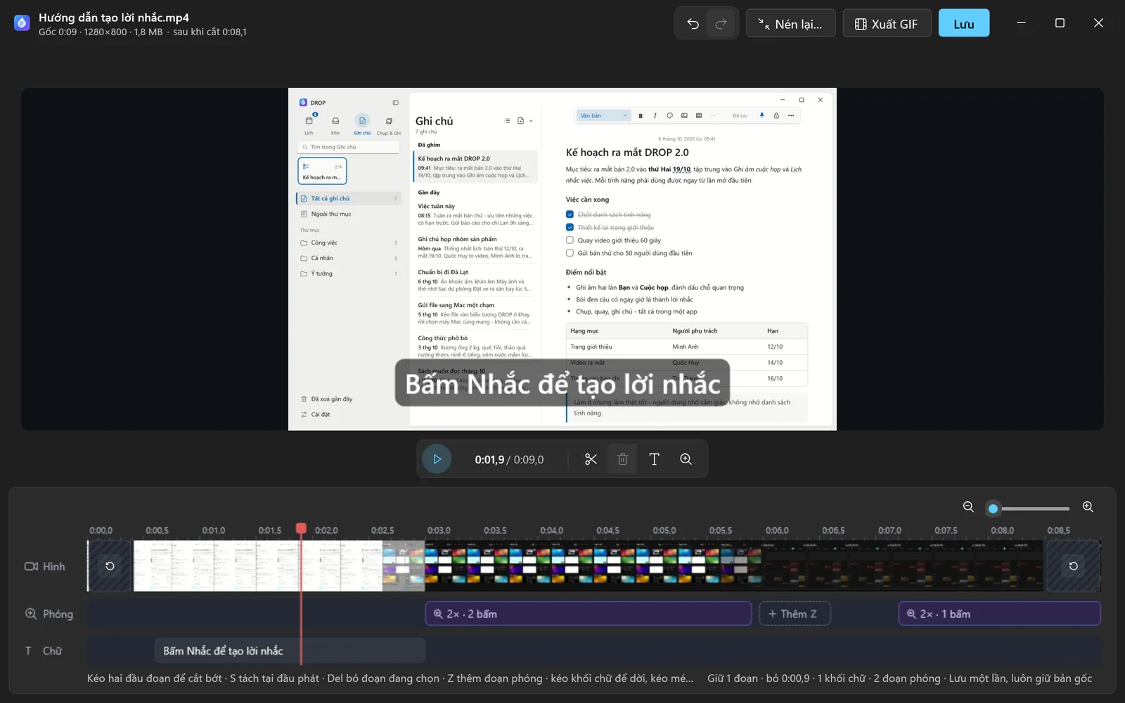 Trình sửa video của DROP: cắt, đoạn phóng to, chữ chèn